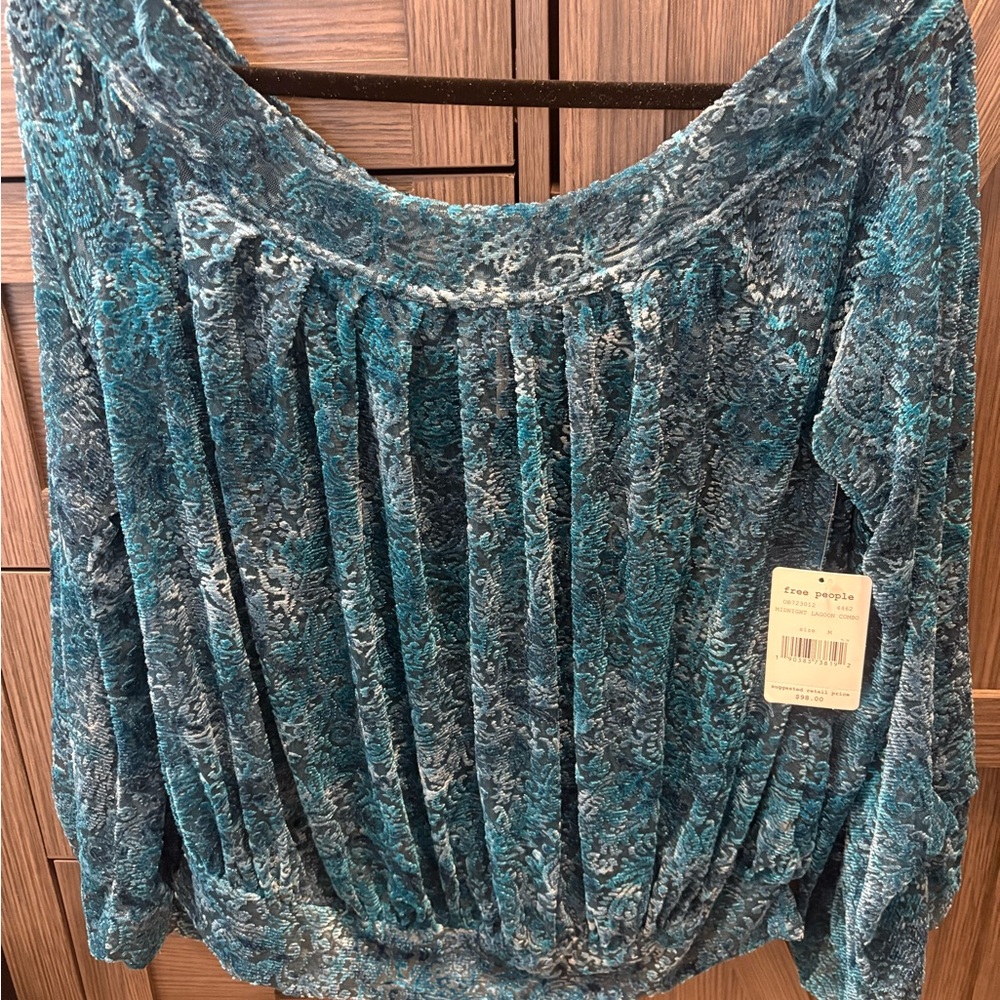 NWT Free People Blue and White Pleated 3/4 Sleeve Blouse ($98)